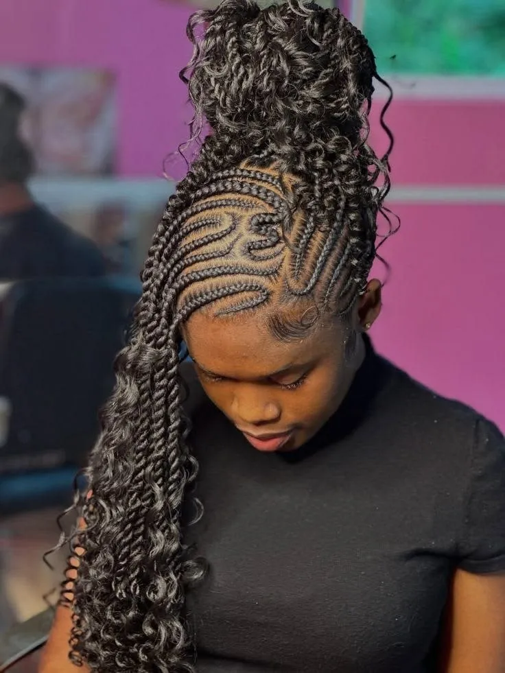 Traditional Fulani braids pattern decorated with structural accents and beads at SS BRAIDS GH (ssbraidsgh)